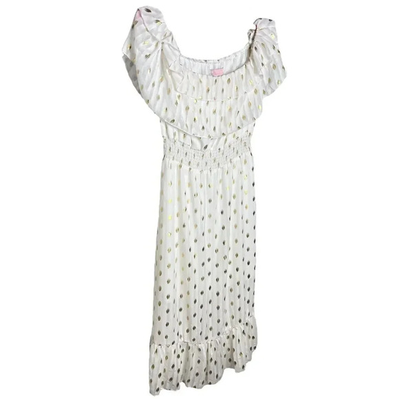 C+D+M Collection White Gold Polka Dot Off The Shoulder Smocked Waist Dress Sz. S - Picture 3 of 10